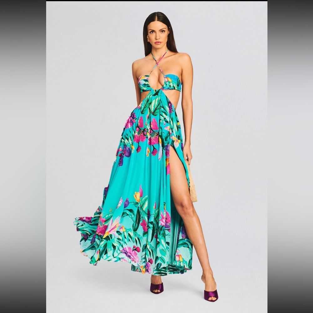 Rococo Sand Blue Halter Slit Dress XS NEW with Tags